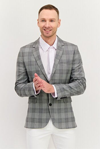 Asos Design Men Regular Fit Whale Check Semi- Formal Suit Blazer, Grey