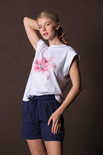 Domoda White 100% Cotton Combed Comfortable Cut Printed Boxy Zero Sleeve Women's T-Shirt @Campania-B