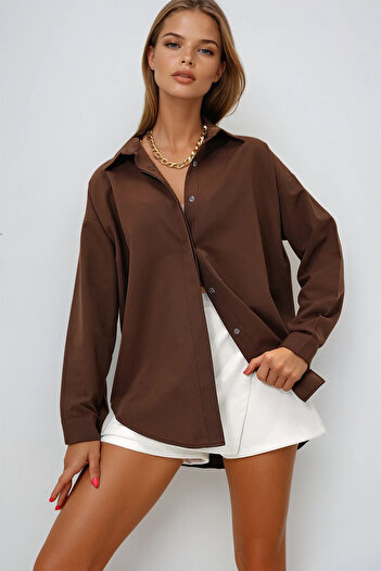 VAGGON Γυναικείο μακρύ υφαντό πουκάμισο Bitter Brown Oversize