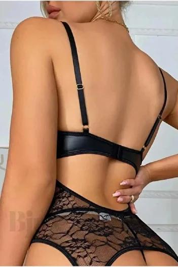DEFNADA Women's Black Lame Leather Sexy Fantasy Garter Suit with Garter Belt and Stockings