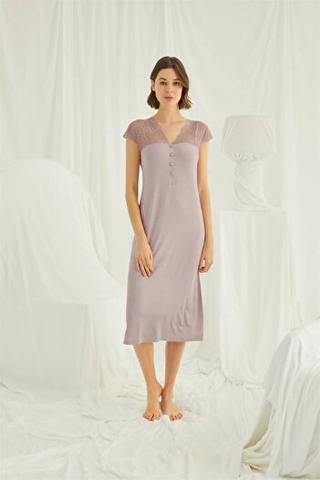 MONAMİSE Monamise Women's Lace Shoulder and Collar Buttoned Nightgown 18435