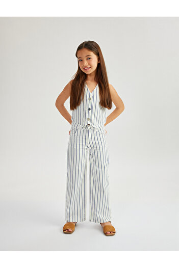 Koton Cotton Button Detailed V-Neck Striped Crop Vest