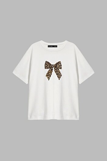 Sekizbiraltı Bow Printed Relaxed Fit White Women's Tshirt