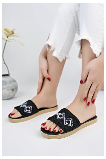 Modafırsat Women's Casual Slippers Black Mesh Lace Knitwear Straw Knitted Stylish Summer Home Beach Vacation Street Slippers