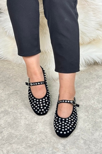 İmerShoes Stone Detailed Black Suede - Daily Comfortable Ballerina Shoes 287