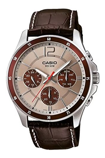 Casio Functional Men's Wristwatch with Brown Color Indicator in Case Silver Cord
