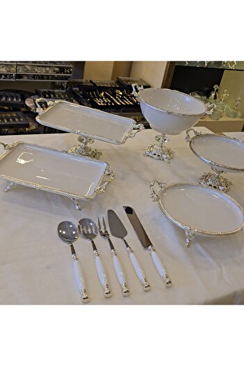 AlyaHomeAksesuar 10 Pieces Metal Framed Porcelain Presentation Set - Silver