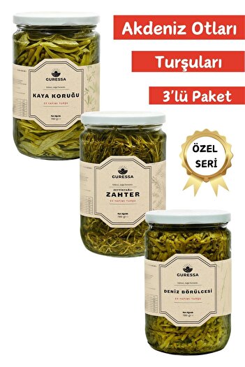 GURESSA Akdeniz Otları Turşuları Deniz Börülcesi Kaya Koruğu Zeytinyağlı Zahter 780 Gr 3'lü Avantaj Paketi