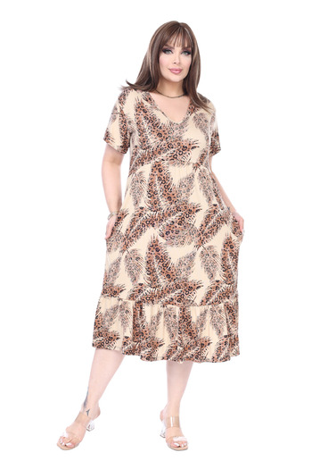 MELSAY Women's V-Neck Short Sleeve Ecru Spike Pattern Skirt Ruffled Robe Dress