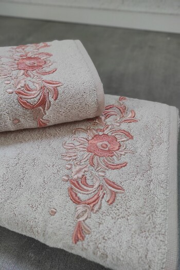Sevim Bamboo and Soft Embroidered 2-Piece Bath Towel Set - Tivoli Elise - Powder