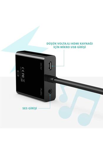 Techmaster Syncwire Hdmı To Vga Ses Ve Micro Usb Çıkışlı Adaptör Çevirici