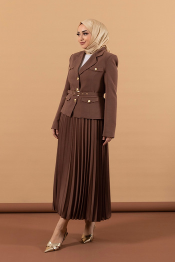 Stilife Pleated Skirt and Brown Jacket Set