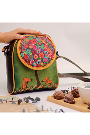HOODİEMOUSE Ethnic Bohemian Style Small Postman Shoulder Bag - with Dog Figure, Brown