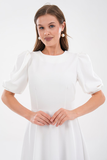 bayansepeti White Atlas Fabric Crew Neck Princess Sleeve Detail Midi Dress 220