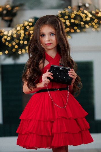 Ribbon kids Female Child Custom Design Katkat Chiffon Dress&Embroidery Rendering Denim Coat&Bag&Belt Combo