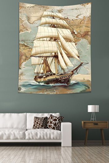 on the clouds Ancient World Map Sailboat Stain Resistant Fabric Wall Cover Wall Tapestry