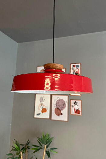 Bamyum Açe Kırmızı Tekli Tabak Ahşap Başlık Avize Retro Sarkıt Ofis Showroom Salon Mutfak Avizeleri