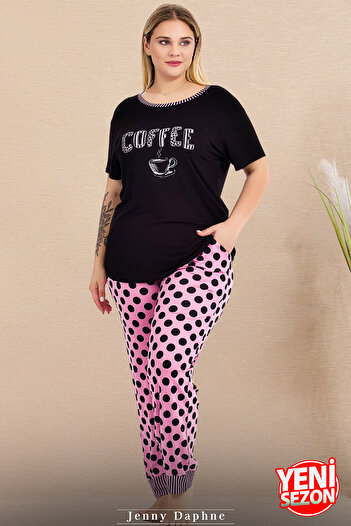 Jenny Daphne Plus Size Lady's Polka Dot Pajamas - Short Sleeve, Leg Detail Suit 11004