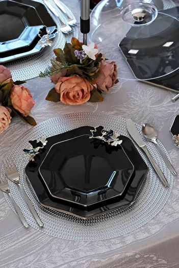 Glore Dolmabahçe Octagonal Black Platinum Gilded 34 Piece Cake Serving Set for 6 People