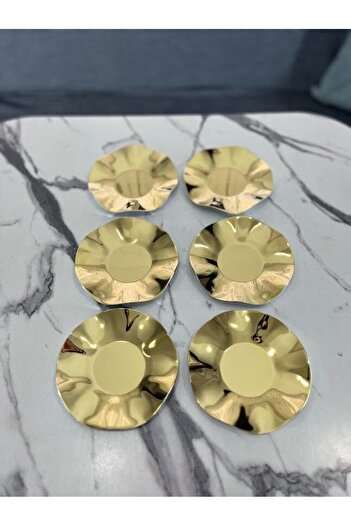 Aslı Hediyelik Luxury 6-Piece Gold Wave Model Stainless Metal Tea Plate