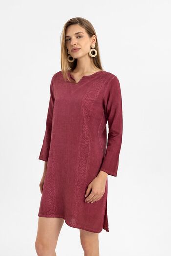 Deriderim Burgundy Embroidered Long Sleeve Unlined Anti-Sweat Cotton Short Dress