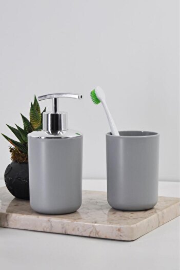 Saban Gray Set of 2 - Toothbrush Holder and Liquid Soap Dispenser