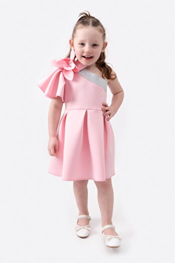Magu Pink Flower Patterned Girl's Dress - Single Shoulder, Bandage, Diving Fabric