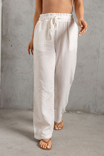 Maule White Muslin Fabric - 100% Cotton, Wide Cut, Lace-up Elastic Pocket Women's Trousers @lugo