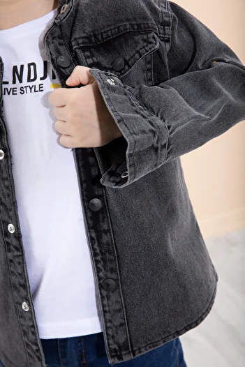 Cansın Mini Boys' Jeans Shirt - Smoked, Crew Neck, t Shirt and Back Print 20087