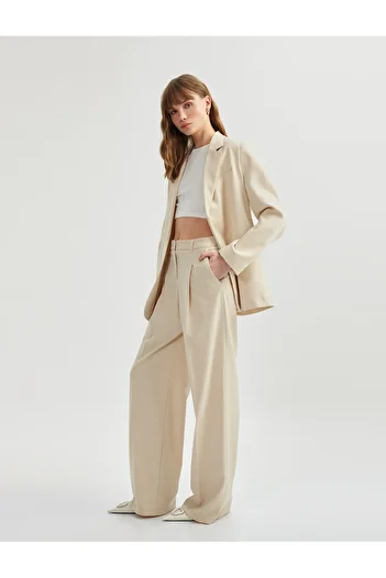 Koton High Waist Pleat Detailed Wide Leg Fabric Trousers with Pockets