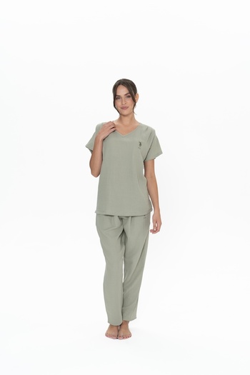 U.S. Polo Assn. Uspa Licensed Women's Pajama Set - 100% Cotton, Khaki V-Neck, Short Sleeve