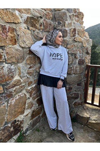 Modayakamoz New Season Women's Long Sleeve Nope Printed Ribbed Waist Double Hijab Suit