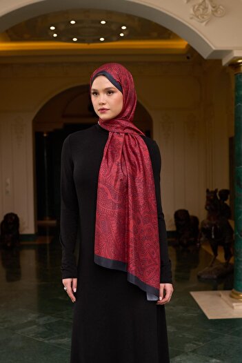 İpekhan Burgundy Silk Patterned Voile Shawl - 9803-06