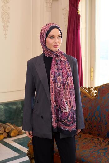 İpekhan Fuchsia Voile Silk Patterned Shawl - 9804-04