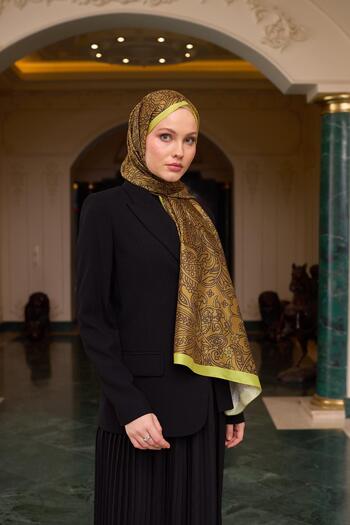 İpekhan Oil Green Patterned Voile Silk Shawl - 9803-30