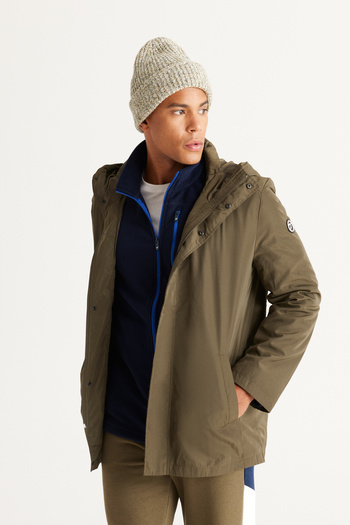 AC&Co / Altınyıldız Classics Men's Khaki Standard Fit Regular Cut Windproof Hooded Stand Collar Coat Trench Jacket