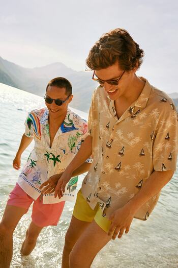 ALTINYILDIZ CLASSICS Men's Beige Oversize Loose Cut Cuban Collar Short Sleeve Printed Shirt