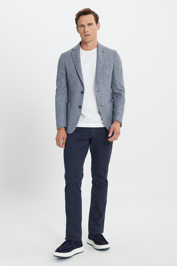 ALTINYILDIZ CLASSICS Slim Fit Slim Cut Mono Collar Patterned Navy Blue Jacket with Bag Pocket