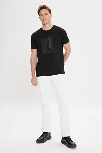 ALTINYILDIZ CLASSICS Men's Black Slim Fit Narrow Cut Crew Neck Cotton Printed T-Shirt