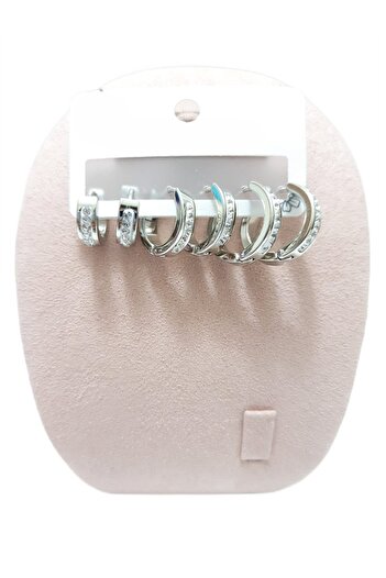 Tasarım Steel Earrings 3-Piece Zircon Stone Angular Hoop Model Earrings 4 mm Thickness Silver Silver