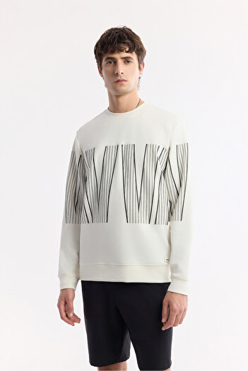 Avva Men's Regular Fit Ecru Crew Neck Printed Bi-Stretch Interlock Sweatshirt A51Y1227