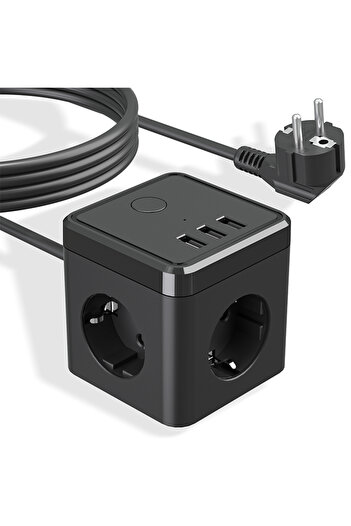 Choice مقبس متعدد على شكل مكعب أسود مع منفذ شحن سريع USB، مقبس ثلاثي الاتجاهات مع مفتاح، 2 يورو و1 شوكو