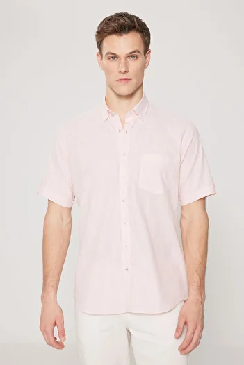 AC&Co / Altınyıldız Classics Pink Men's Shirt - Comfort Fit, Button Collar, Linen Look 100% Cotton, Short Sleeve
