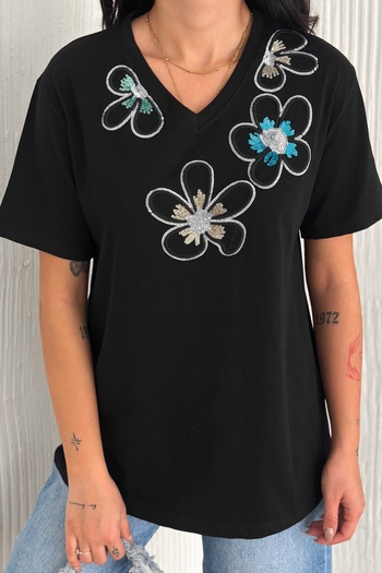 FEMELLE Women's Black V-Neck Plus Size Flower Pattern Sequin Sequin Embroidered 100% Cotton T-Shirt