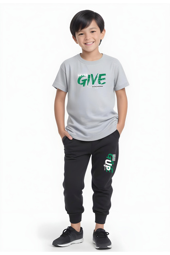 FYK COLLECTİON Never Give up Printed Boys' Short Sleeve Bottom-Top Suit