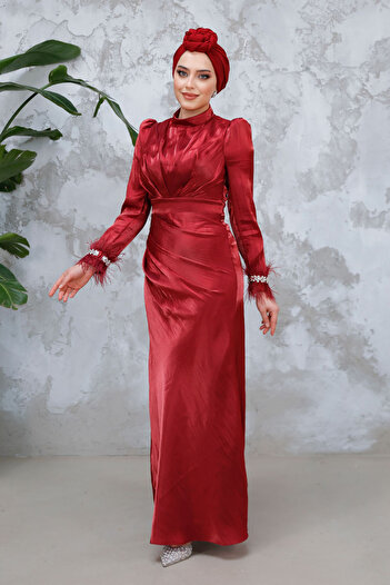 Neva Style Feather Detailed Burgundy Hijab Evening Dress 50481Br