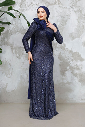 Neva Style Beaded Navy Blue Hijab Evening Dress 50541L