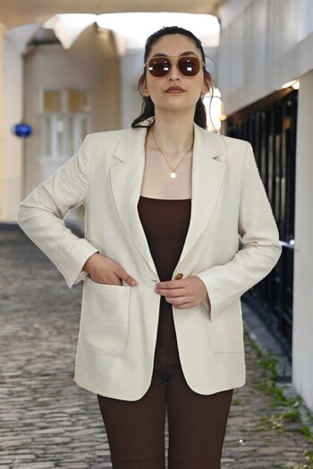 yagmurberen Sleeve Mouth Slip Detailed Bag Pocket One Button Closure Mono Collar Blazer Women's Jacket