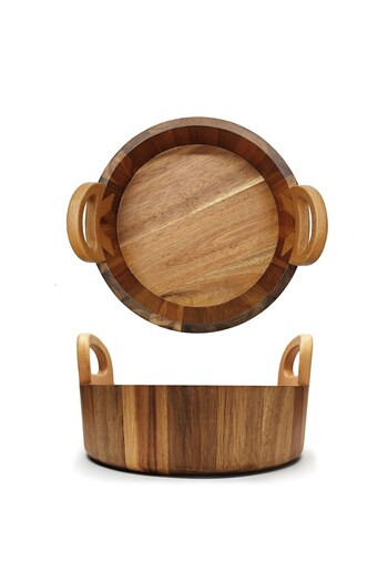 morponi Luxury Acacia Round Deep Fruit Bowl & Decorative Bowl with Handle 25 cm