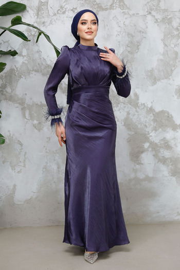 Neva Style Feather Detailed Navy Blue Hijab Evening Dress 50481L